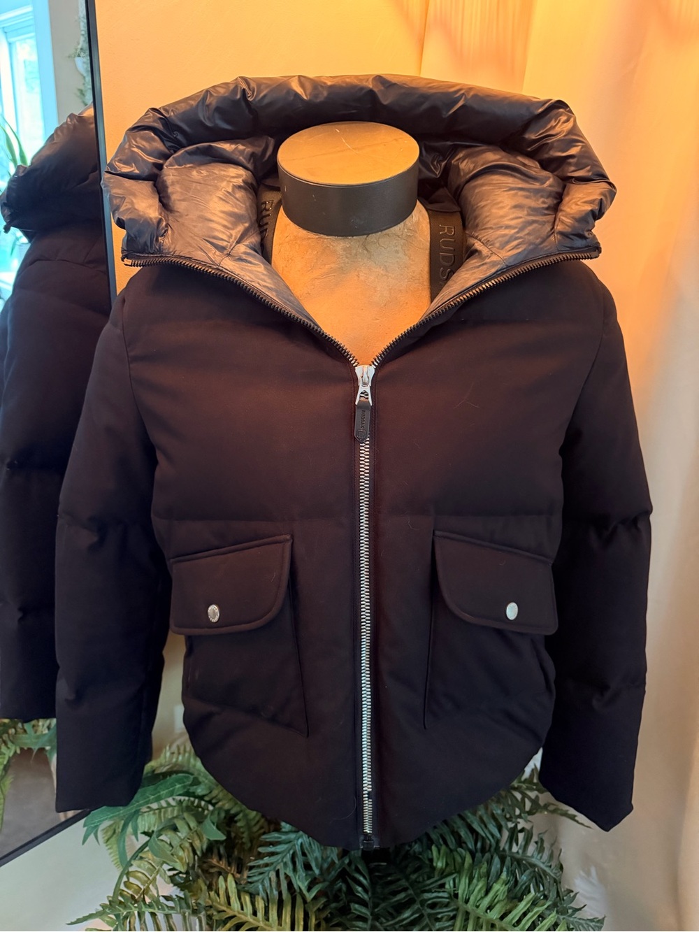 RUDSAK Women's Black Hooded Puffer Jacket with Front Flap Pockets